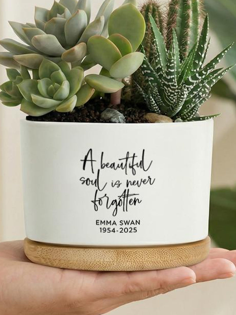 Succulent planter memorial pot with quote, personalized name dates, ceramic flower pot with bamboo tray, sympathy remembrance gift sympathy flower