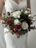 Marsala Wedding Bouquet Artificial - Burgundy & White Rose Bridal Bouquet Boutonniere Corsage Bouquet