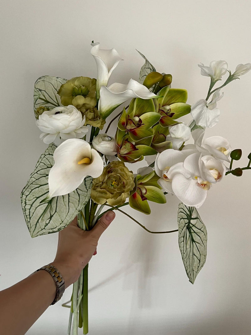 White crisp Green Structure silk flower bridal bouquet, cymbidium orchid, calla lily, ranunculus, caladium leaves bouquet, modern structural Bouquet