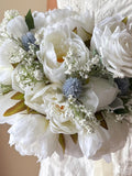 Wedding bouquets with faux peony flowers and thistles, white bouquets, white peonies bridal bouquet, white fake bouquet, white and blue Bouquet