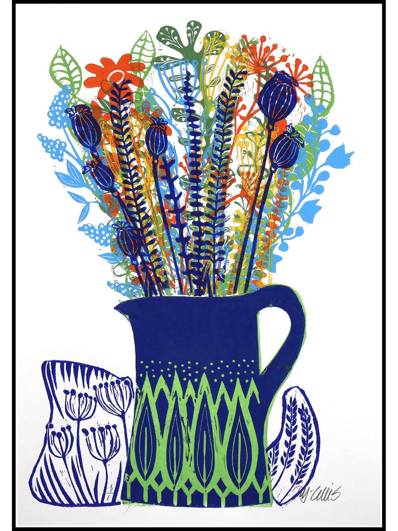 Love is in the Air, Valnetine linocut with flowers and chine colle, by Mariann Johansen-Ellis, handprinted and signed Love Romance Flower