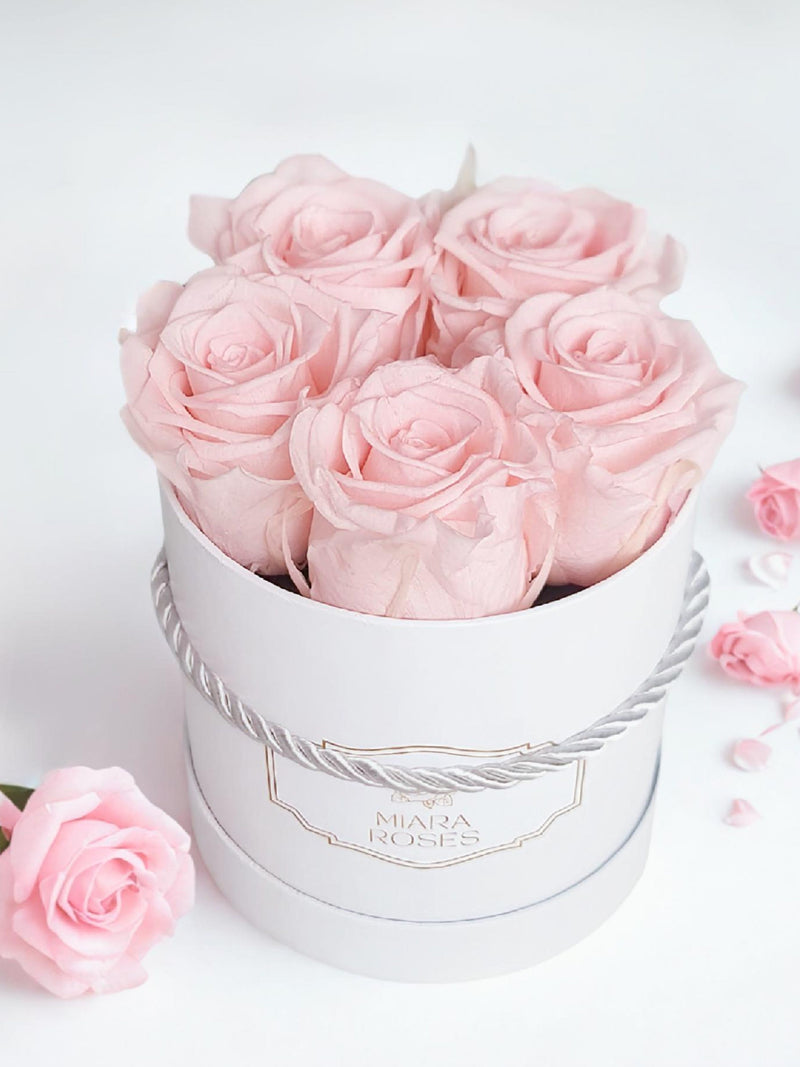 White round gift box with five preserved pink roses and rope handle, gold label