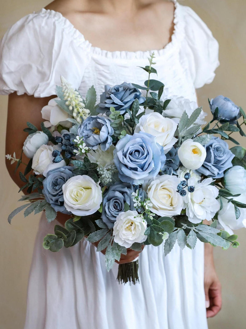 Dusty Blue Silk Wedding Bouquet, Handmade Artificial Bridal Flowers silk flower