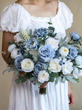 Dusty Blue Silk Wedding Bouquet, Handmade Artificial Bridal Flowers silk flower