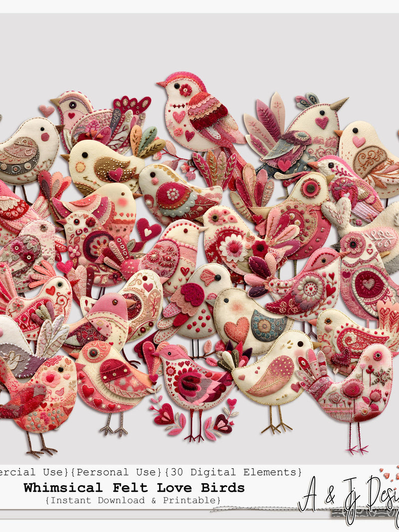 Whimsical Felt Love Birds | Romantic Digital Elements | Valentine's Day | For Junk Journals and Scrapbooking Love Romance Flower
