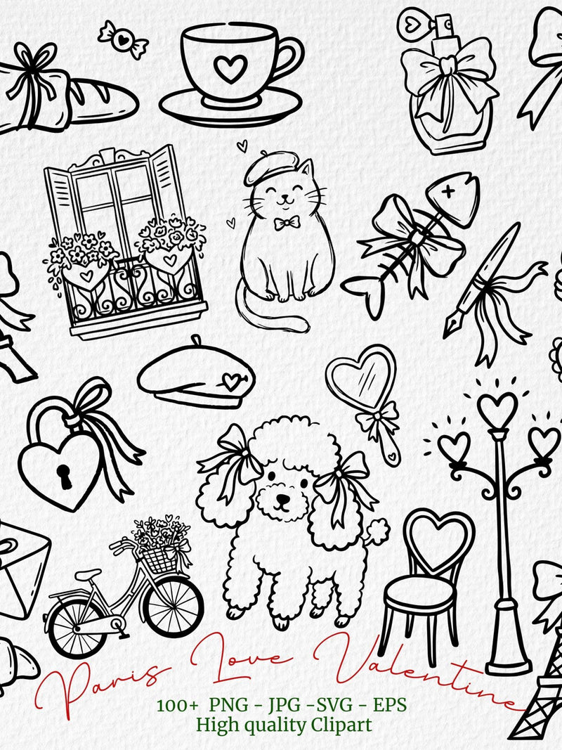Love Paris Doodle, ValentineÕs Day Hand-Drawn Icons, Retro Romance Digital Stickers , vintage wedding elements, romantic digital svg eps Love Romance Flower
