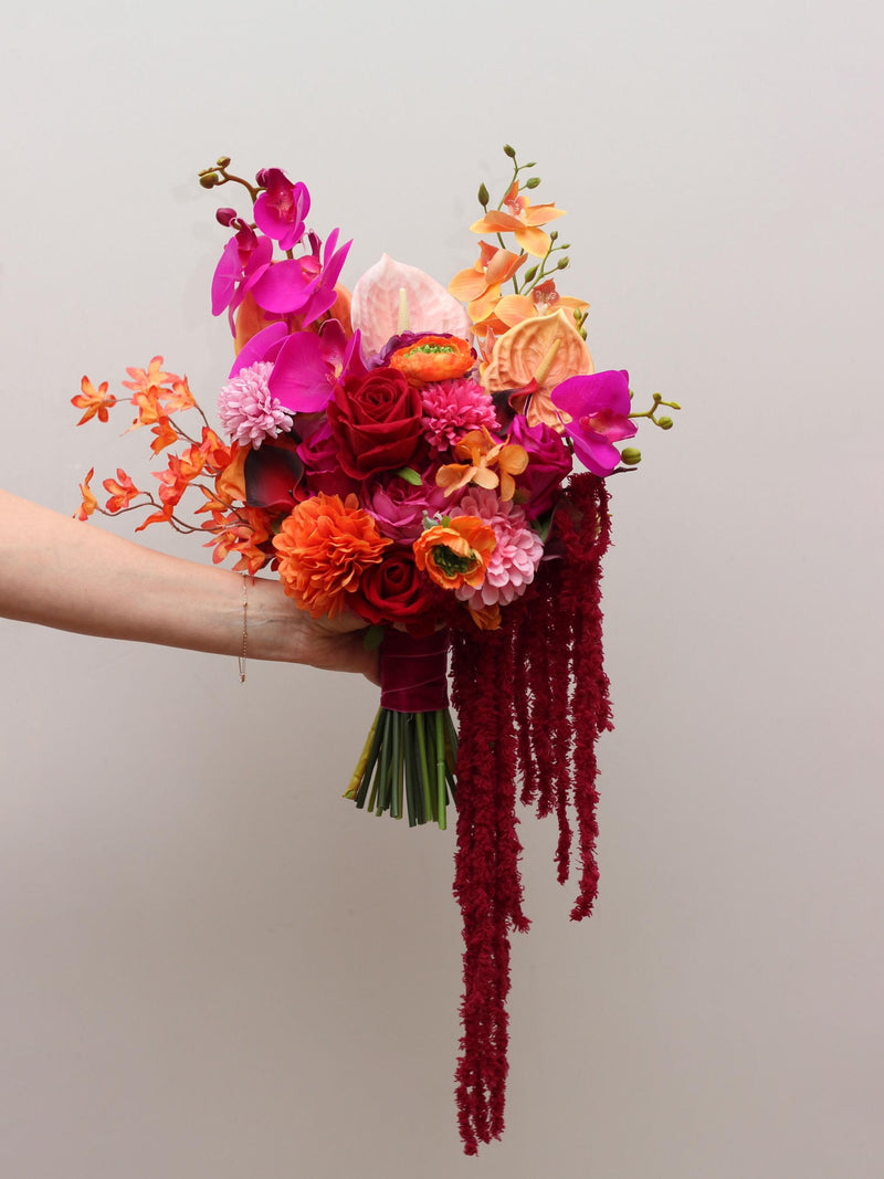 Asymmetrical Bridal Bouquet in Orange, Pink, Red & Magenta with Amaranth for Alternative Wedding Bouquet