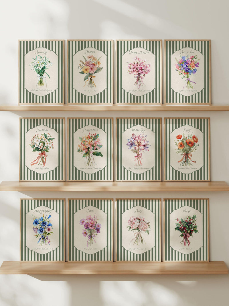 Birth Month Flower Print Set, Vintage Botanical Birthday Flowers, Cottagecore Wall Art (Digital Download) birthday flower