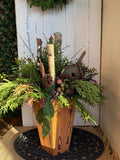 Faux Drop-In Planter, Artificial  Winter or Spring Planter for porch, Birdhouse Flower Arrangement with pussywillows faux plants
