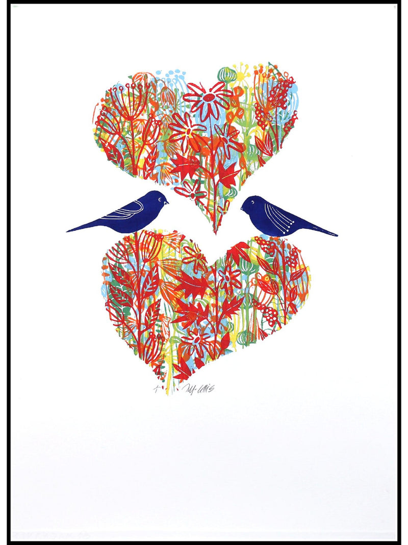You and Me My Love, linocut monoprint by Mariann Johansen-Ellis Love Romance Flower