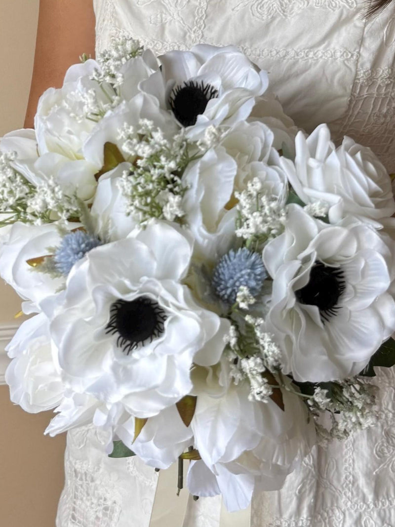 Faux bridal bouquet with white flowers and anemones, bridesmaid bouquet, white fake bouquet, white and green bouquet, white boutonniere Bouquet