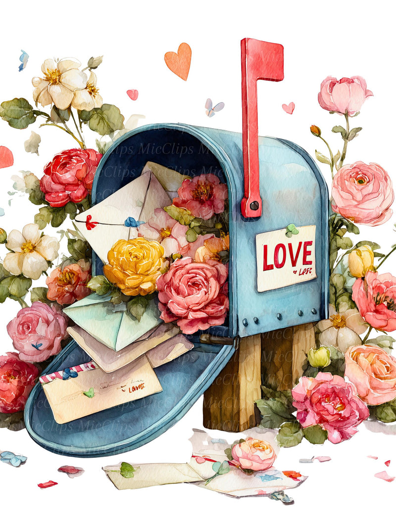 12 Valentine's Day Mailboxes, Be My Valentine, Love Letter, Floral Prints, Printable Watercolor PNGs, Digital Download, Junk Journal Love Romance Flower