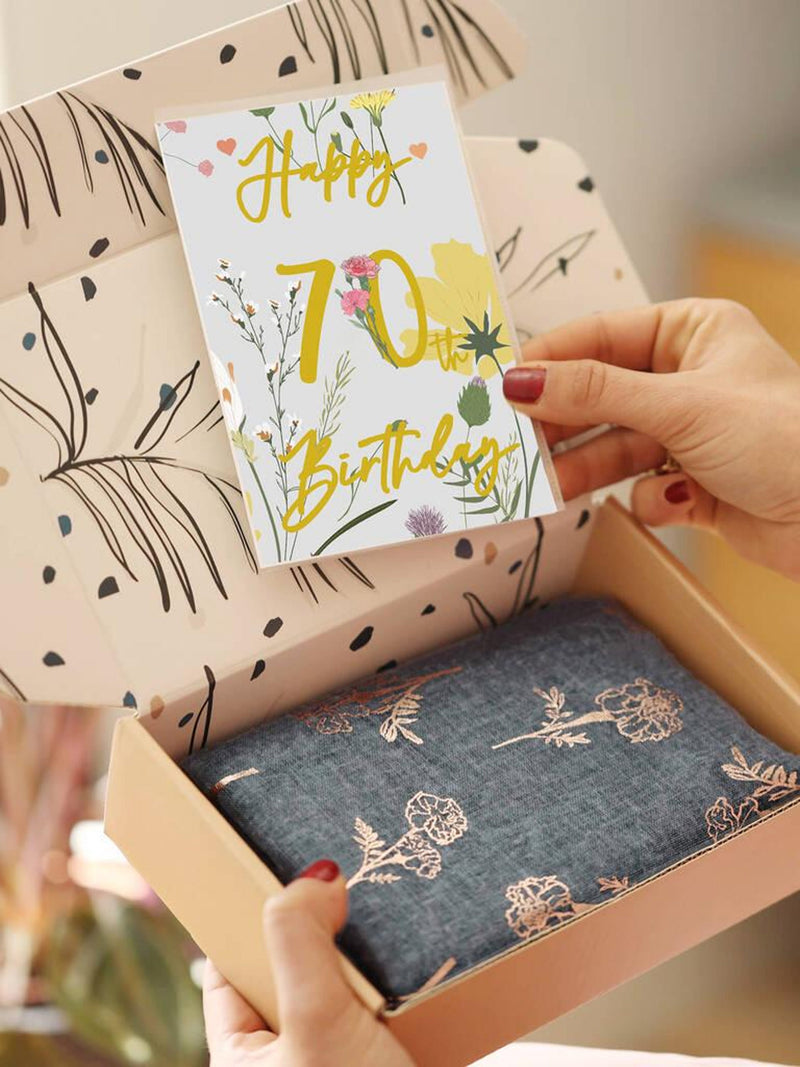 70th Birthday Birth Flower Scarf in Gift Box Ð Rose Gold Print, Sentimental Gift birthday flower