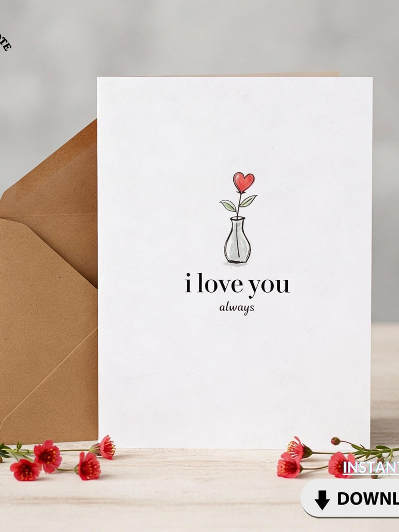 I Love You Card | Minimalist Heart Flower, Romantic Greeting (Digital Download) Love Romance Flower