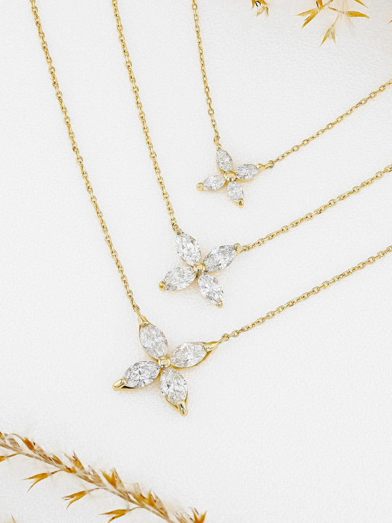 Marquise Diamond Flower Necklace: 14k Gold Adjustable Chain ANNIVERSARY