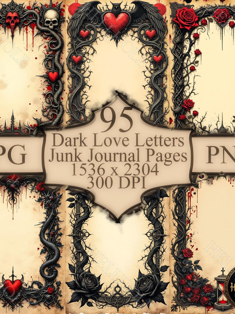 Dark Love Letters Printable Pack, Gothic Romantic Writing Pages. Digital download Love Romance Flower