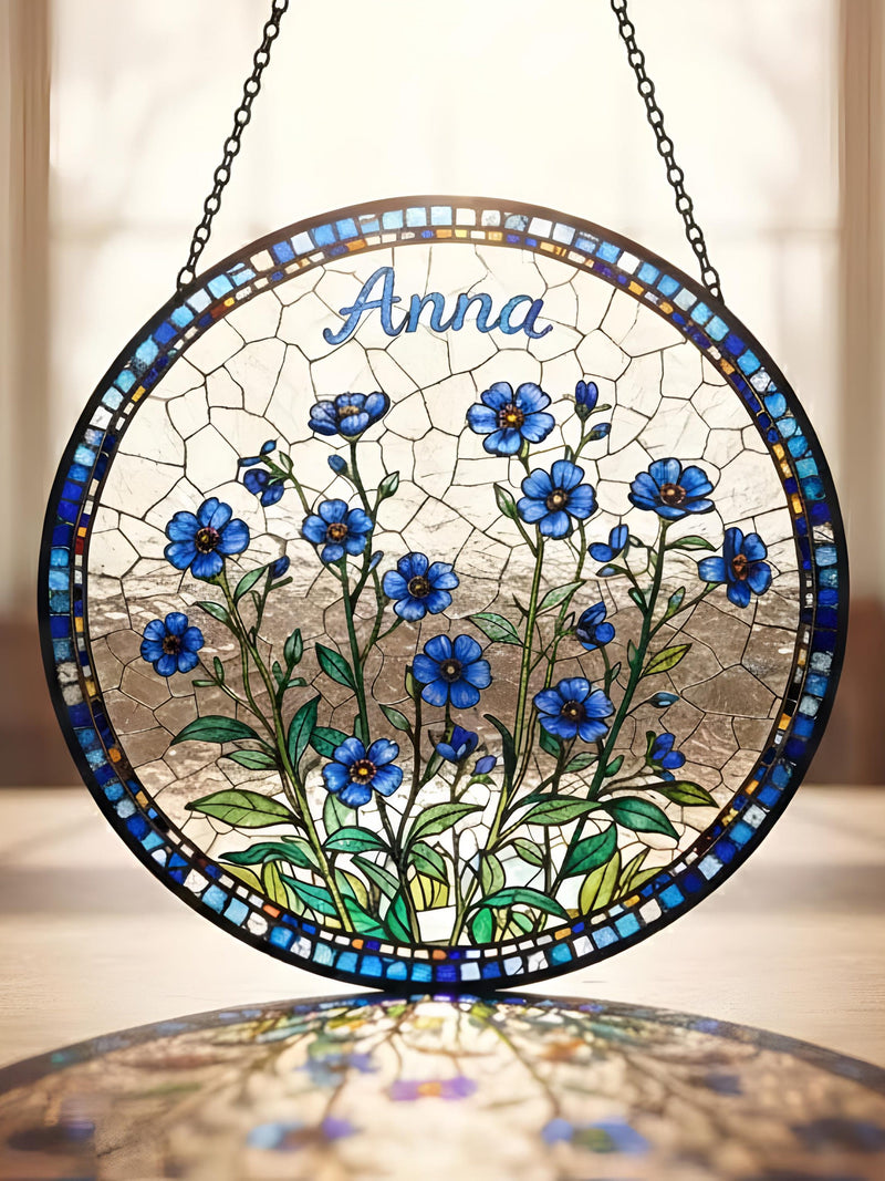 Personalized Forget-Me-Not Stained Glass Suncatcher, Custom Name Blue Flower Window Hanging, Meaningful Gift of Remembrance sympathy flower