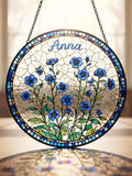 Personalized Forget-Me-Not Stained Glass Suncatcher, Custom Name Blue Flower Window Hanging, Meaningful Gift of Remembrance sympathy flower