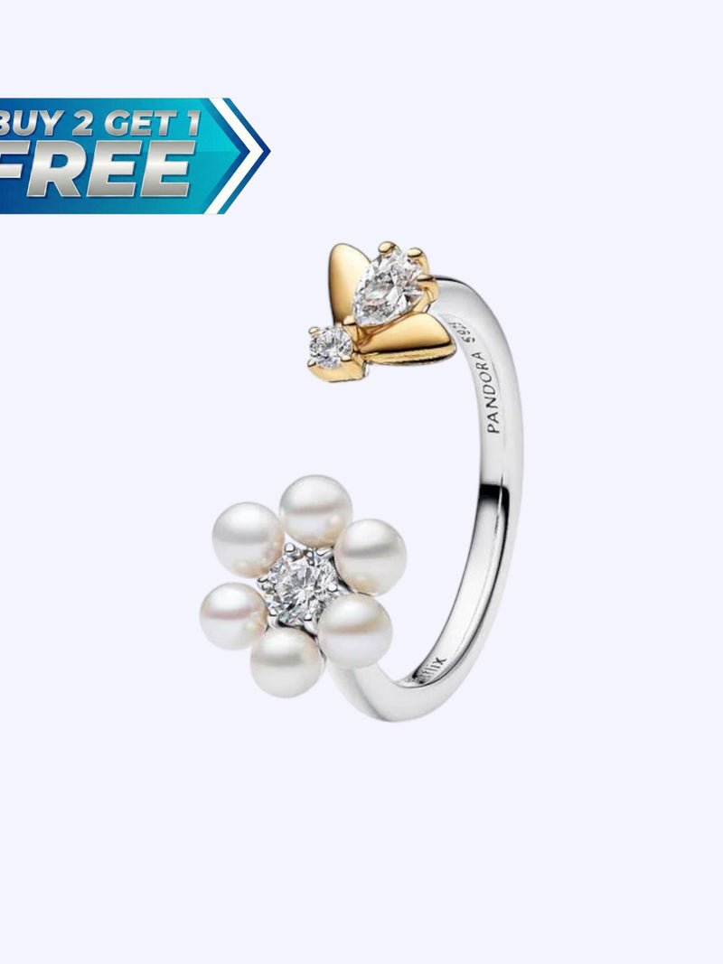 Bridgerton Bee Open Ring, Pearl Flower Band, 14k Gold Plated, Royal Statement, Romantic Gift For Her ANNIVERSARY