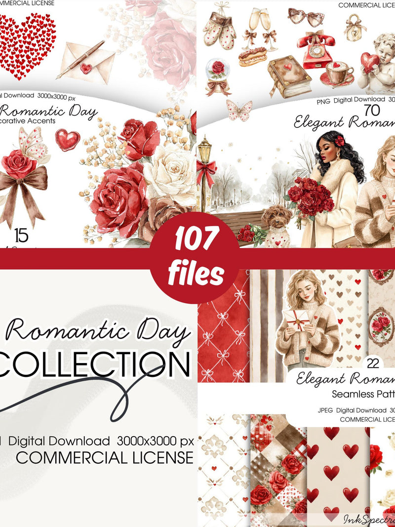 Elegant Romantic Day Watercolor Collection, Valentine Clipart Bundle, Romantic Women, Decor, Roses, Patterns PNG Love Romance Flower