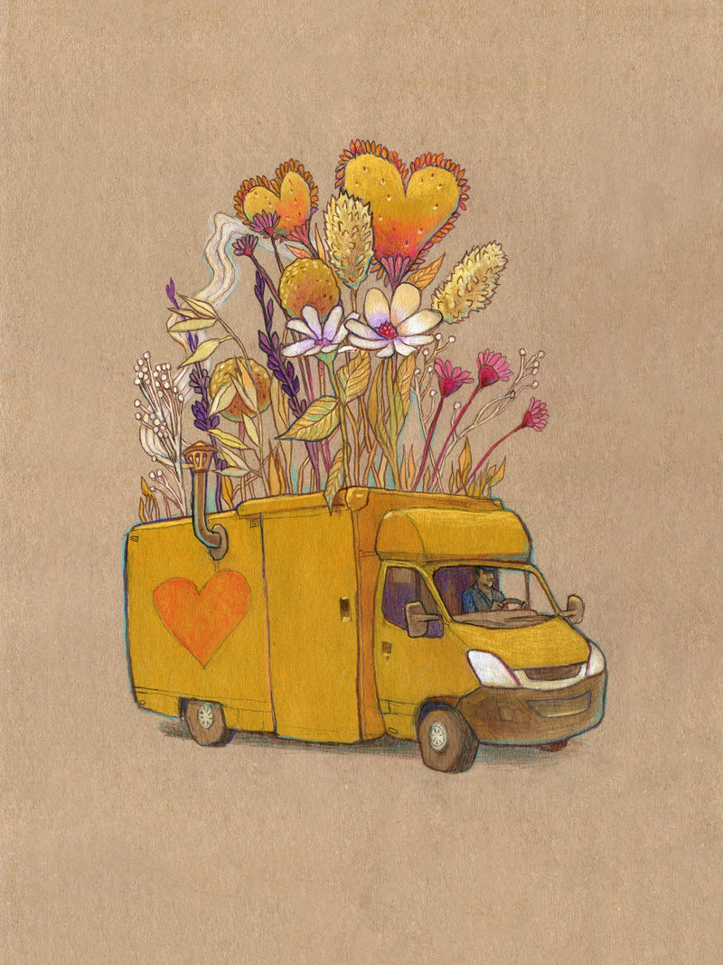 Original postcard "Flower delivery by postal van with heart" FLOWER DELIVERY