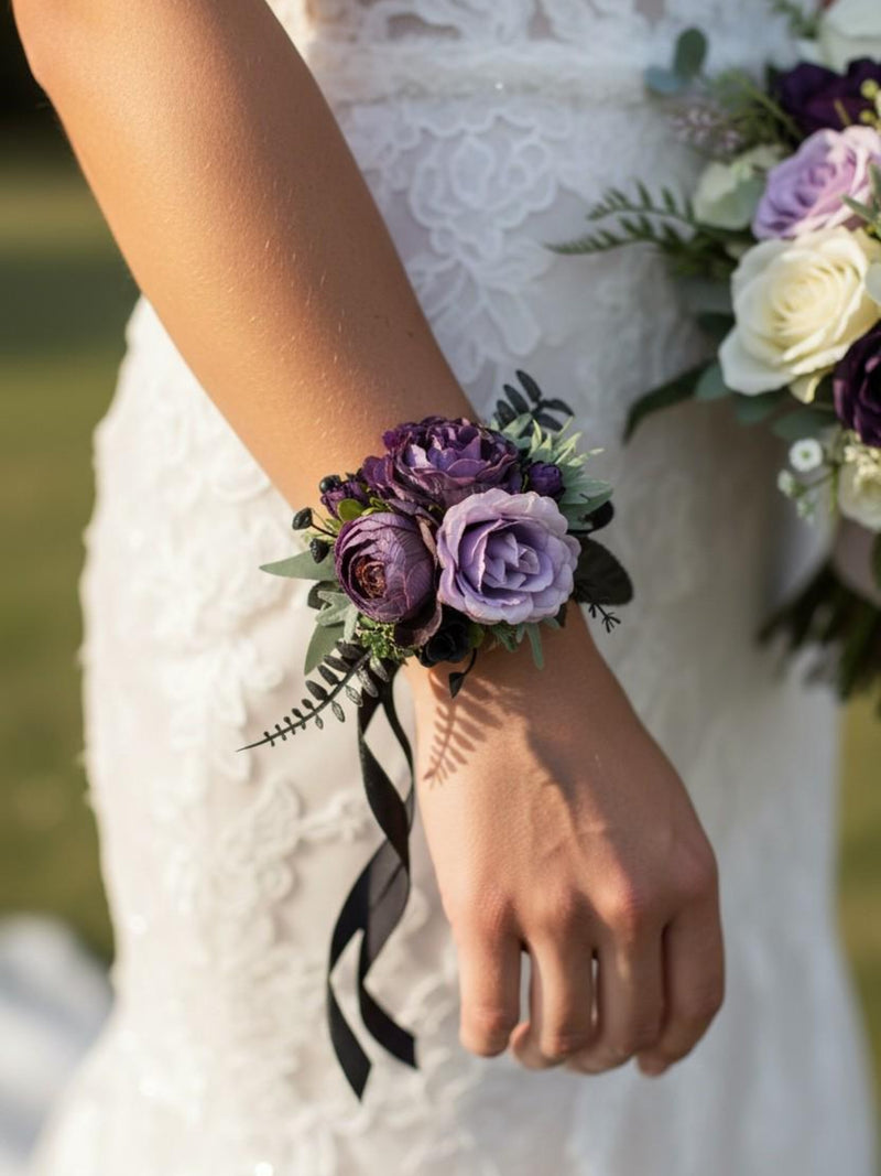 Prom flower corsage plum Deep purple wrist corsage for girls Boutonniere and corsage for prom Hand corsage with flowers Buttonhole for Man silk flower