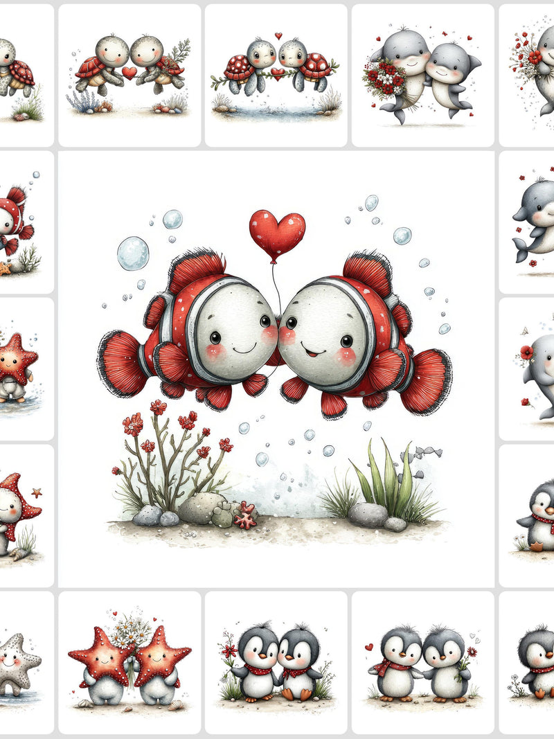 Valentine Underwater Couples Ð Sea Creatures, Hearts & Flowers romantic Clipart, heart and flower art Love Romance Flower