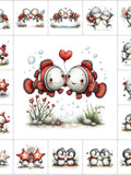 Valentine Underwater Couples Ð Sea Creatures, Hearts & Flowers romantic Clipart, heart and flower art Love Romance Flower