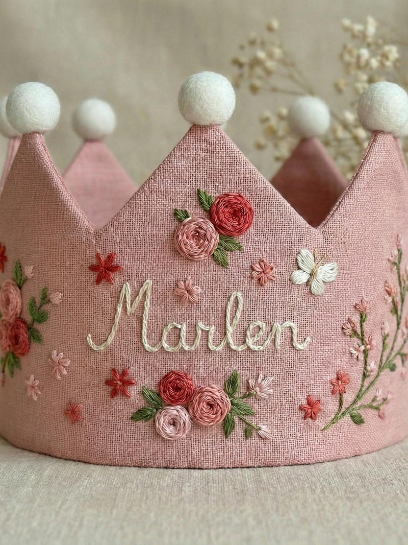 Custom Roses Hand Embroidered Birthday Party Crown, Personalized Floral Linen Crown for Birthday, Gifts for Birthday,Handmade Birthday Crown birthday flower