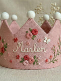 Custom Roses Hand Embroidered Birthday Party Crown, Personalized Floral Linen Crown for Birthday, Gifts for Birthday,Handmade Birthday Crown birthday flower