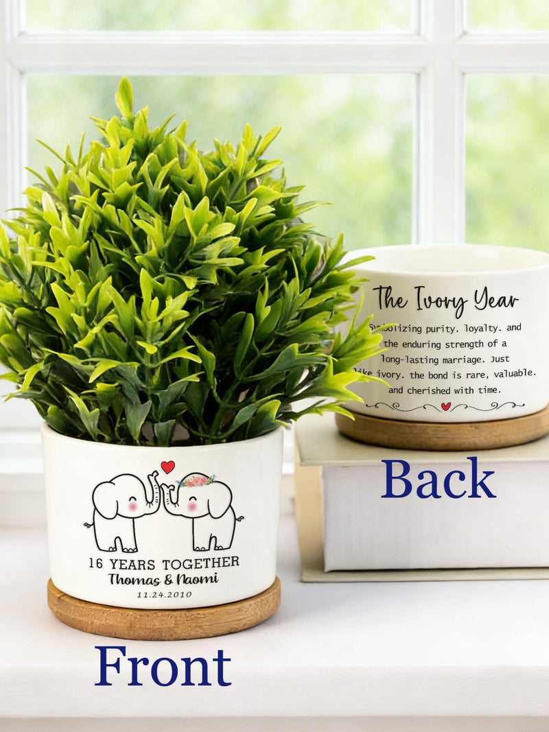 Personalized 16th Ivory Wedding Anniversary Plant Pot, Custom Wedding Anniversary Gift, Flower Pot with Couple's Name, Elephants Pot ANNIVERSARY