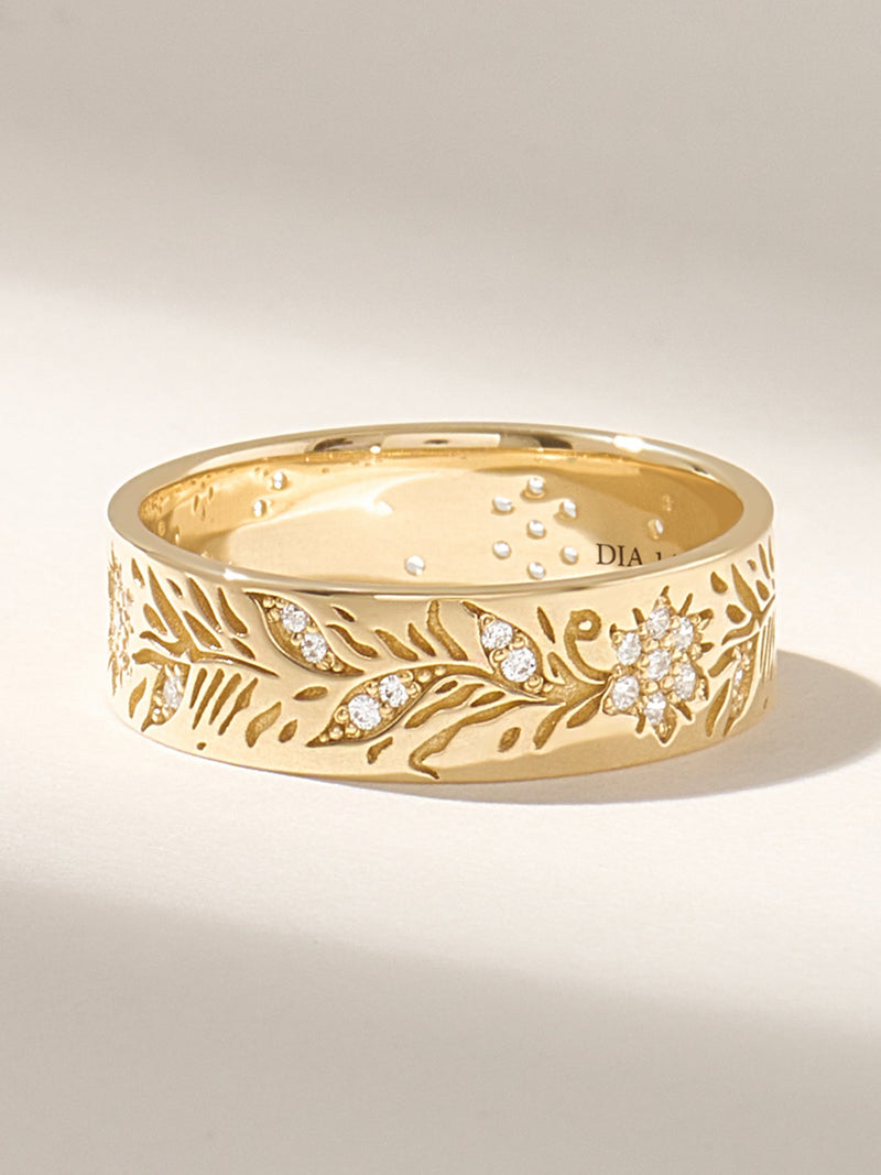 Leaf Engraved Diamond Wedding Band, Solid Gold 14K 18K Thick Floral Ring, Nature Inspired Bridal Jewelry, Vintage Style Patterned Band wedding flower