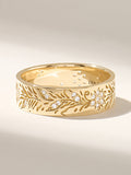 Leaf Engraved Diamond Wedding Band, Solid Gold 14K 18K Thick Floral Ring, Nature Inspired Bridal Jewelry, Vintage Style Patterned Band wedding flower