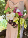 Mulbury Burgundy White Green Cascading Bridal Wedding Bouquet: anthurium, amaranthus, orchid, calla lily, dahlia silk flower bridal bouquet Bouquet