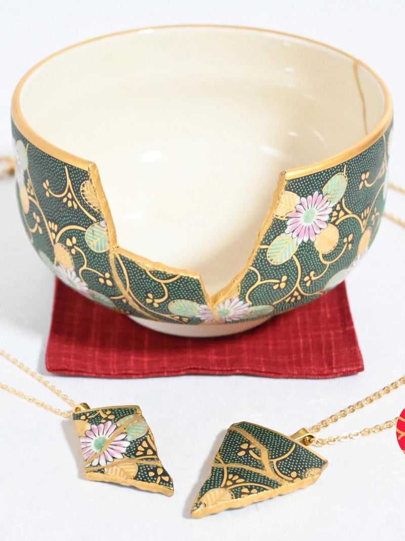 Kintsugi Bowl and Couples Necklace Set, Kintsugi Jewelry, WabiSabi Vintage Handmade Matcha Chawan, 24K Gold Repair house warming flower