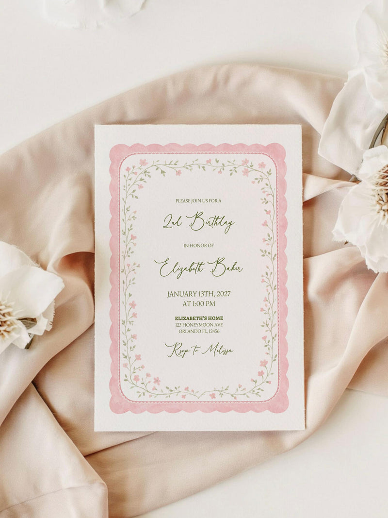 Pink Scalloped Floral Birthday Invitation Template ¥ Editable 1st 2nd 3rd ¥ Garden Party Invite ¥ Canva Template ¥ Printable or Evite birthday flower
