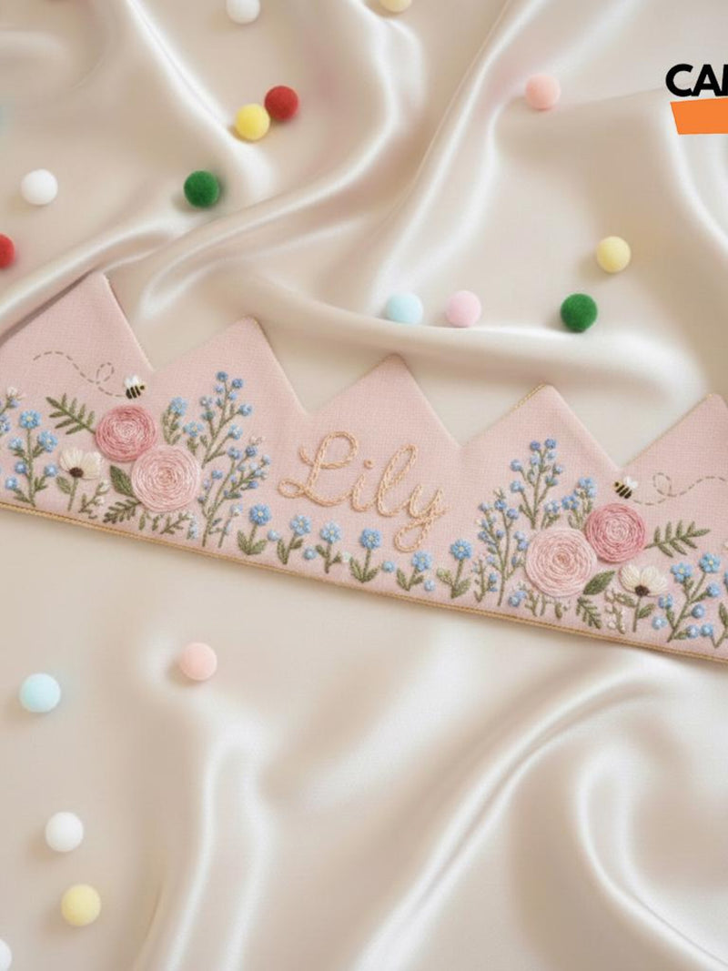 Personalized Forget-Me-Not & Rose Birthday Crown, Hand Embroidered Floral Linen Hat, Custom Baby Name Keepsake birthday flower
