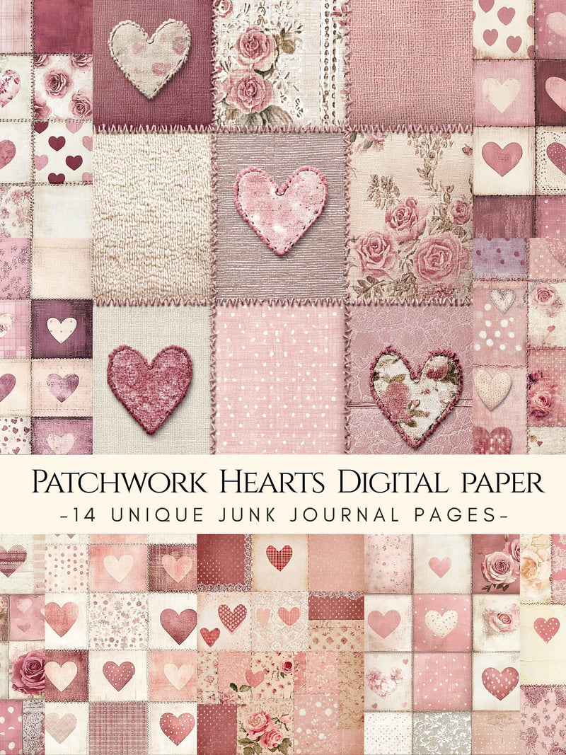 Patchwork Hearts Digital Paper, Valentine Junk Journal Pages, Vintage Romance Ephemera, Love Collage Love Romance Flower
