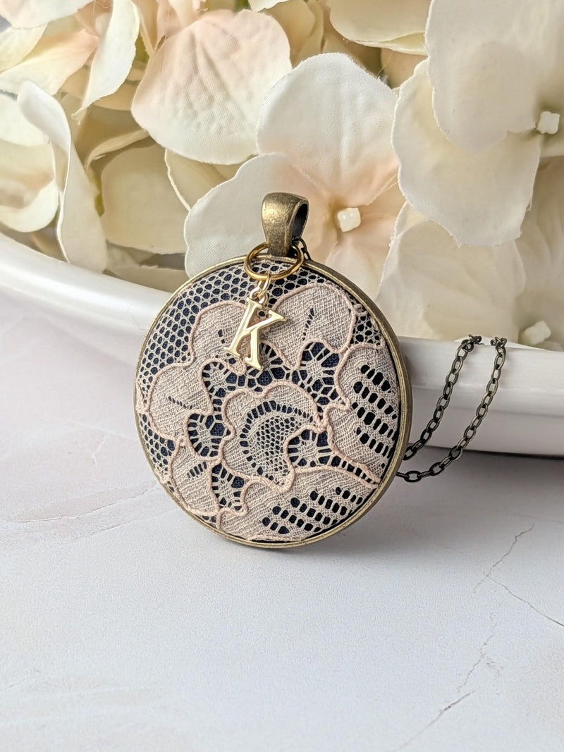 Flower Lace Pendant Necklace With Small Letter Charm, Classic 13th Anniversary Gift For Her ANNIVERSARY