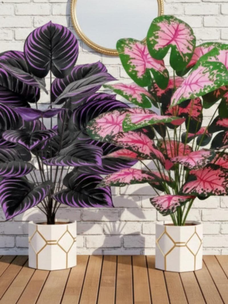 Faux Caladium & Calathea Potted Plants, UV Resistant Outdoor Decor faux plants