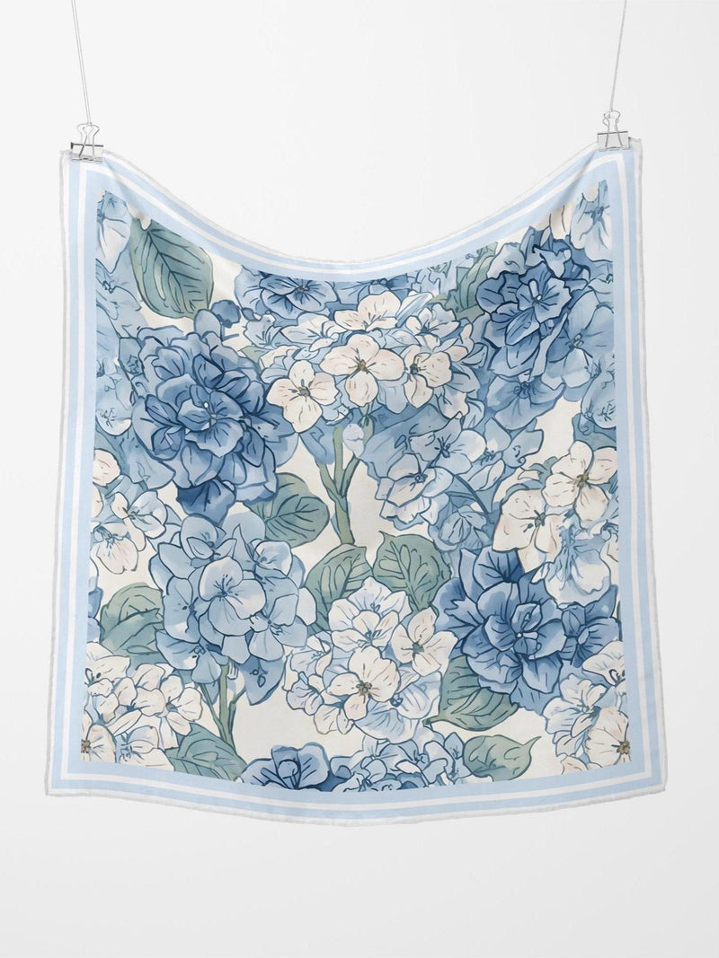 Soft Blue Hydrangea Print 100% Silk Scarf: Four Sizes silk flower