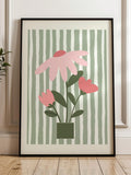 Floral Green Stripe Wall Art, Colourful Abstract Modern Print, Flower New Home Decor, Pink Petals Poster Artwork, House Warming Gift Present house warming flower