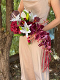 Burgundy red, Deep maroon, Wine red, Moody Groove Lily, anthurium, amaranthus orchid cascading bridal bouquet, silk flowers wedding flowers Bouquet