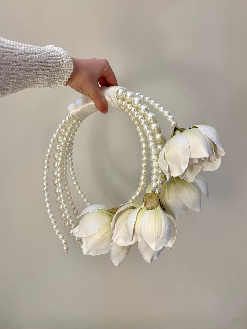 Pearl Magnolia Circular Handle Bridal Bouquet Ð White Magnolia Wedding Flowers with Pearls wedding flower