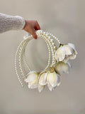 Pearl Magnolia Circular Handle Bridal Bouquet Ð White Magnolia Wedding Flowers with Pearls wedding flower