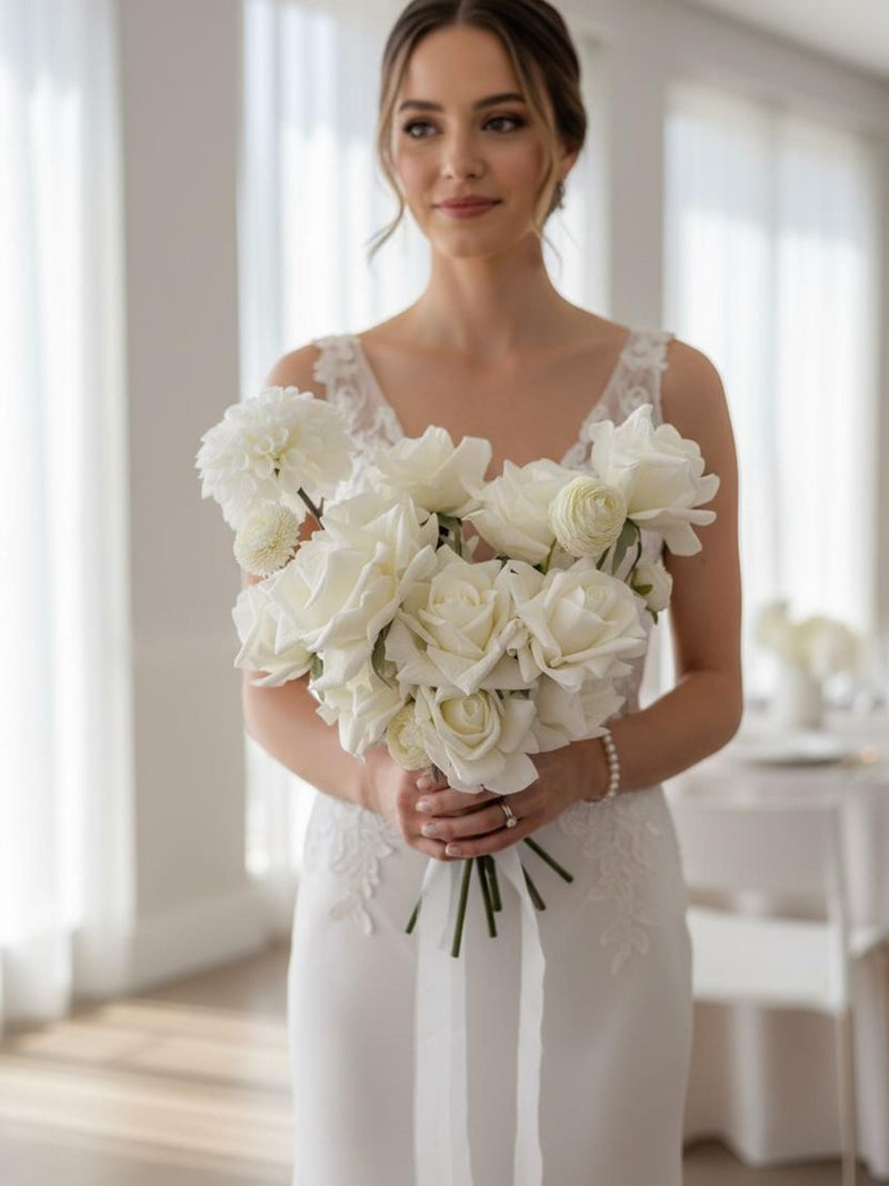White Rose Bridal Bouquet, Realistic Roses & Dahlia Wedding Flowers, Classic Bride Florals Bouquet