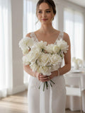 White Rose Bridal Bouquet, Realistic Roses & Dahlia Wedding Flowers, Classic Bride Florals Bouquet