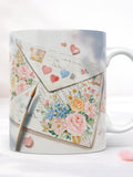 Watercolor Love Letter Mug Wrap PNG Romantic Floral Hearts Design Sublimation Template 11oz 15oz Love Romance Flower