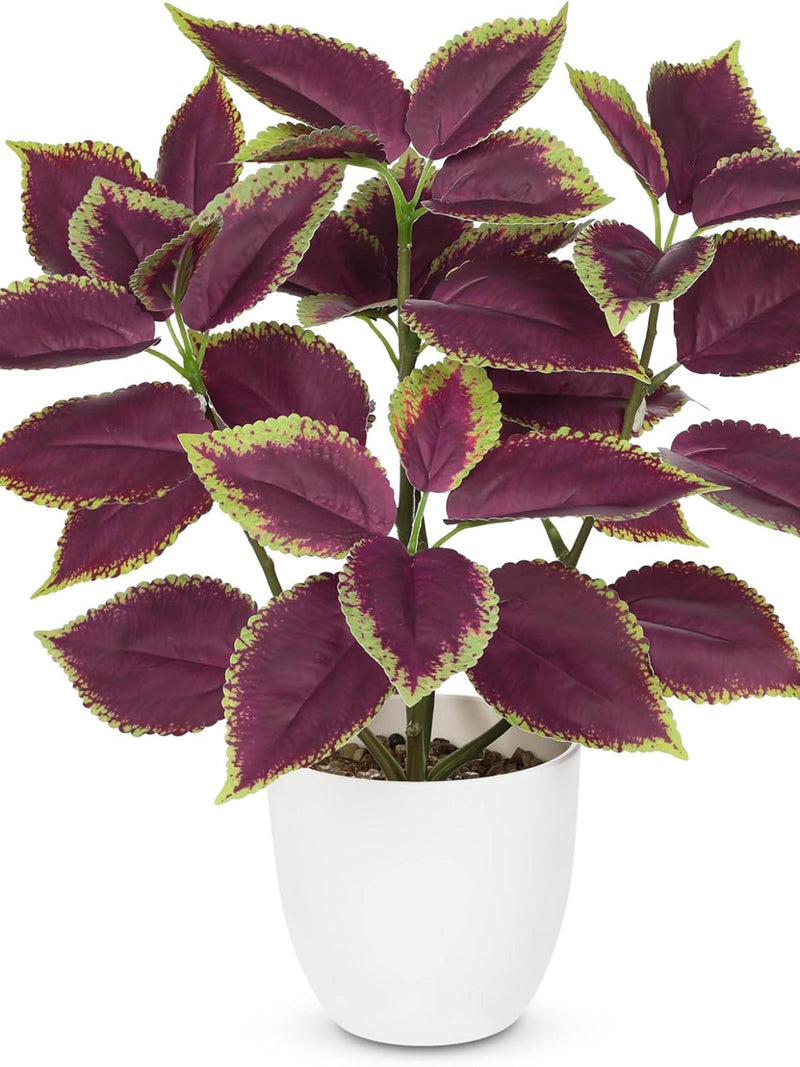 Artificial Perilla Plant 14.2" | Small Faux Potted Greenery with White Pot for Indoor Decor faux plants