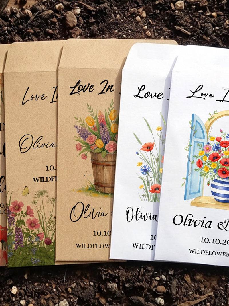 Personalized Wildflower Seed Packets Wedding Favors, Wildflower Seeds Included,  Bulk Love in Bloom Seed Envelopes, Party Guest Seed Favors seeds bulk